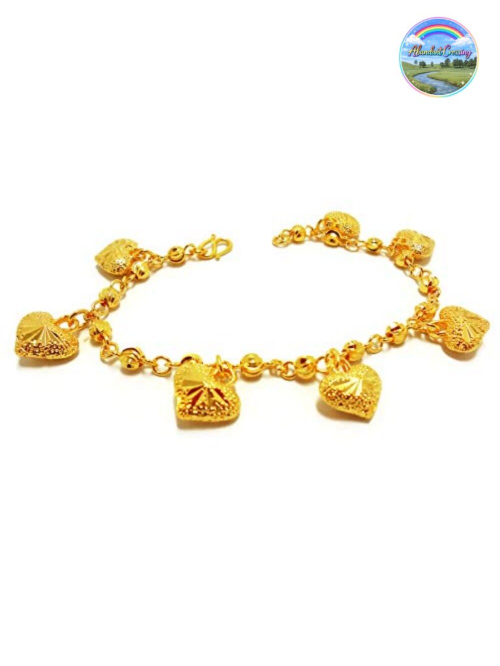23K 24K Thai Baht Yellow Gold Plated Charm Bangle Bracelet 7.5 inch Women
